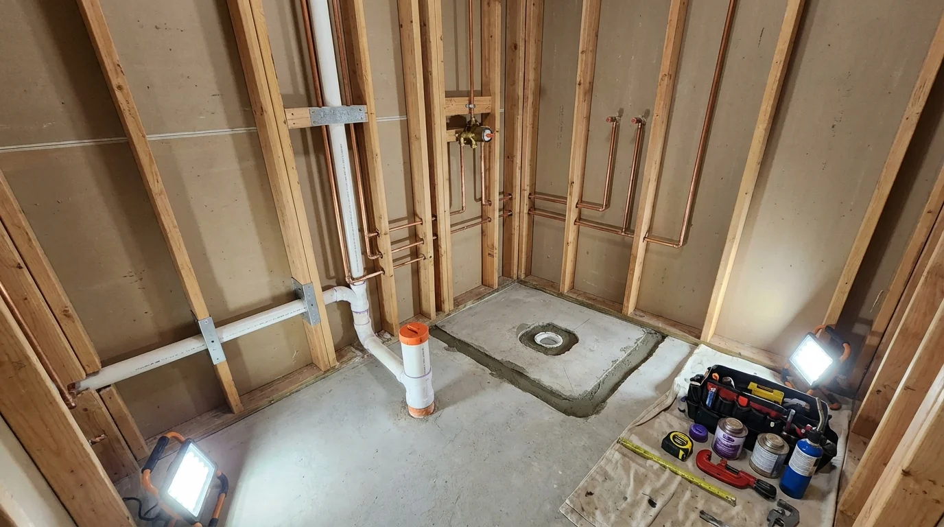 Bathroom rough-in plumbing during remodel by Johns Plumbing LLC in Winnetka