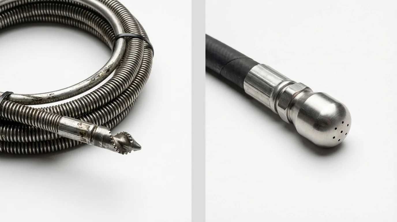 Drain snake cable and hydro jetting nozzle used for drain cleaning in Winnetka, IL