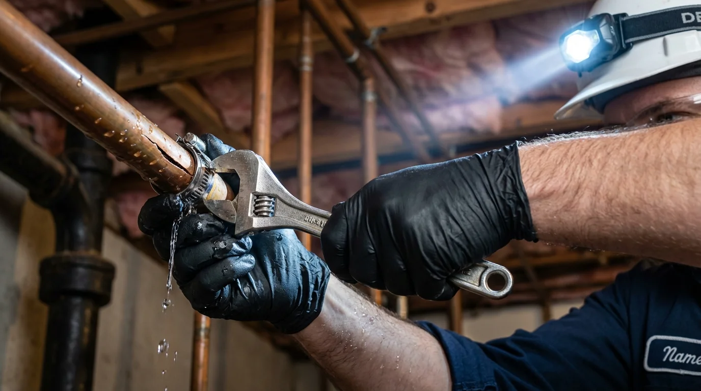 Emergency pipe clamp repair being performed by a Johns Plumbing LLC plumber in Winnetka