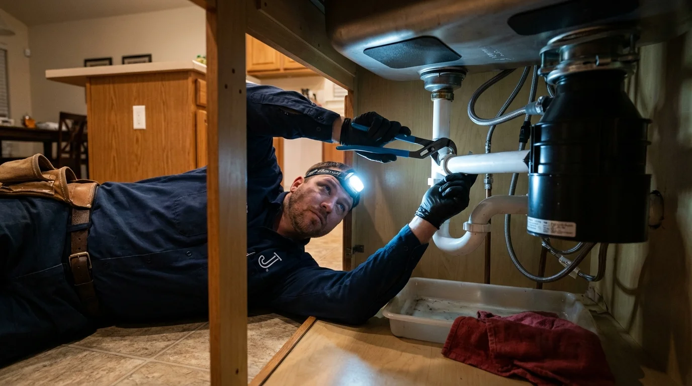 P-trap and supply line connections under a kitchen sink showing a common leak point in Winnetka, IL